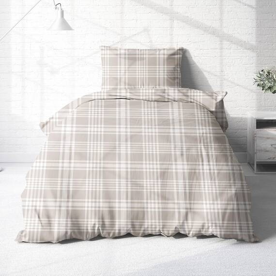 Träumschön Biber Bettwäsche Set 2tlg 135x200 cm + 80x80 cm – Flauschige Bettwäsche Beige – Weiche Winterbettwäsche Kariert - Atmungsaktiv, Warm & Hautfreundlich - 100% Baumwolle