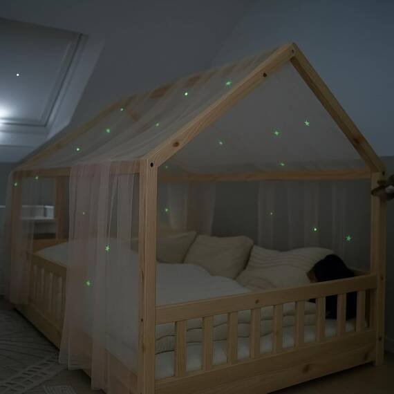 lilimaus Hausbett Himmel mit leuchtenden Sternen - Betthimmel Hausbett Deko - Geschenk Mädchen & Jungen - Himmelbett Vorhänge für 90x200 & 120x200 Kinderbetten - Leuchtsterne Kinderzimmer Deko