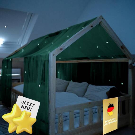 lilimaus Hausbett Himmel mit leuchtenden Sternen - Betthimmel Hausbett Deko - Geschenk Mädchen & Jungen - Himmelbett Vorhänge für 90x200 & 120x200 Kinderbetten - Leuchtsterne Kinderzimmer Deko
