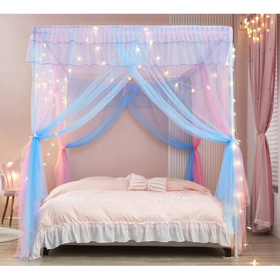Mengersi Regenbogen-Betthimmel mit Lichtern, Bettvorhang, Prinzessinnen-Betthimmel für Mädchen, Netz, Schlafzimmerdekoration, Zubehör, für Twinsize-Bett