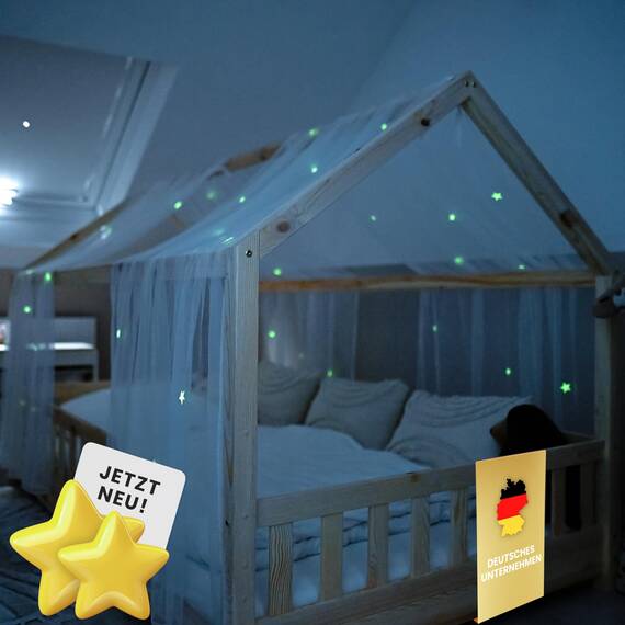 lilimaus Hausbett Himmel mit leuchtenden Sternen - Betthimmel Hausbett Deko - Geschenk Mädchen & Jungen - Himmelbett Vorhänge für 90x200 & 120x200 Kinderbetten - Leuchtsterne Kinderzimmer Deko