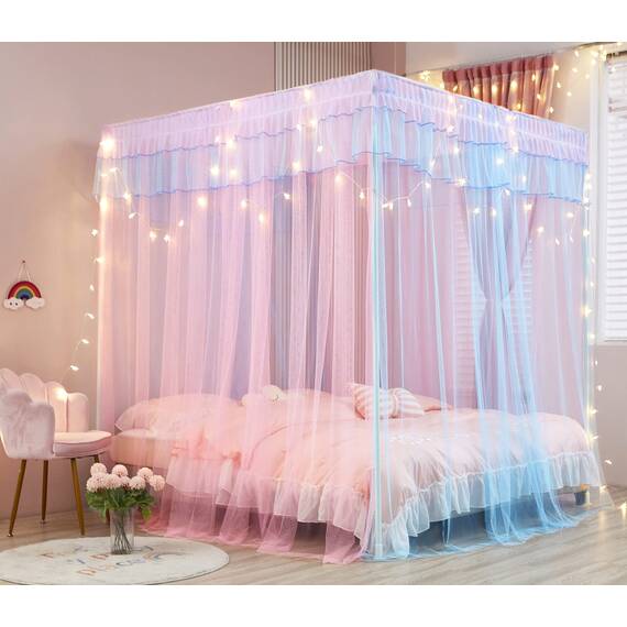 Mengersi Regenbogen-Betthimmel-Vorhänge mit Lichtern – Prinzessinnen-Betthimmel für Mädchen – Bettvorhänge – Schlafzimmer-Dekoration, Zubehör, Queen-Size-Bett