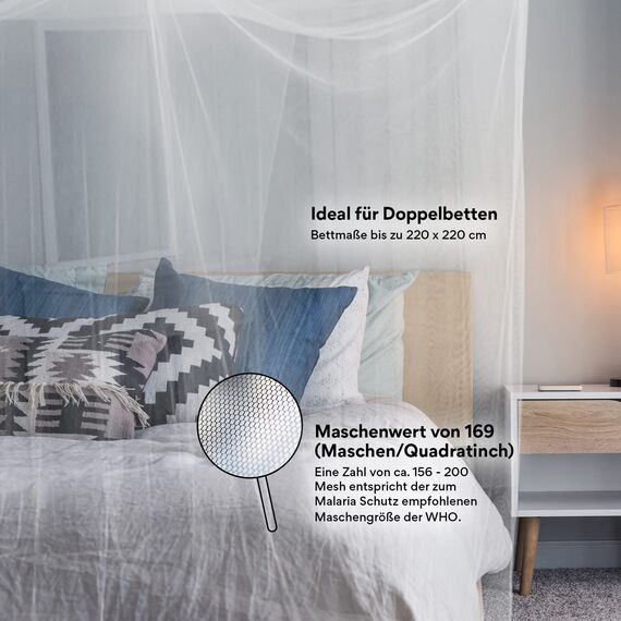 Moskitonetz Doppelbett 210x210x220cm 8 Aufhängepunkte m. Klebehaken - Mückennetz Bett für Einzelbett & Doppelbett mit 2 Öffnungen für leichten Einstieg - Himmelbett Vorhang als Bett Mückenschutz