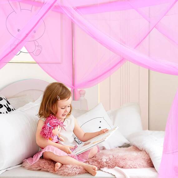 South To East Prinzessin Baldachin Bettvorhänge für Mädchen Kinderbett Baldachin 4 Ecke Bettvorhänge Prinzessin Bettvorhang für Mädchen Zimmer Dekor Twin Größe Rosa, 200 * 100 * 190cm
