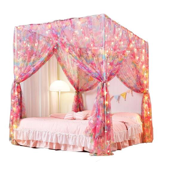 Mengersi Einhorn-Betthimmel für Mädchen, Bettvorhang mit Lichtern, Netz, Prinzessinnen-Himmel für Mädchenzimmer, für Queensize-Bett