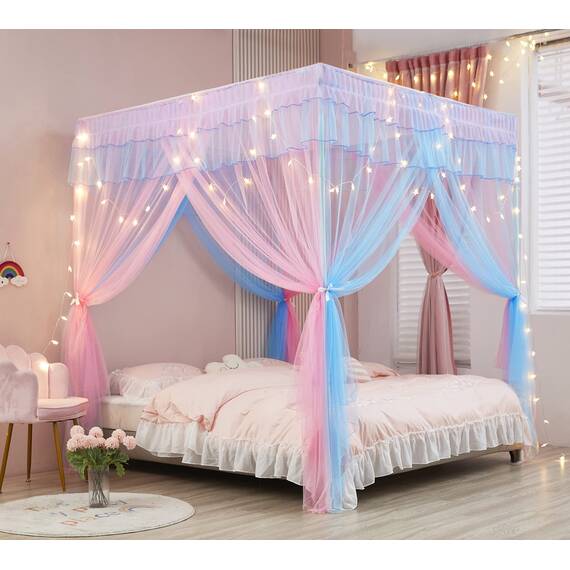 Mengersi Regenbogen-Betthimmel mit Lichtern, Bettvorhang, Prinzessinnen-Betthimmel für Mädchen, Netz, Schlafzimmerdekoration, Zubehör, für Twinsize-Bett