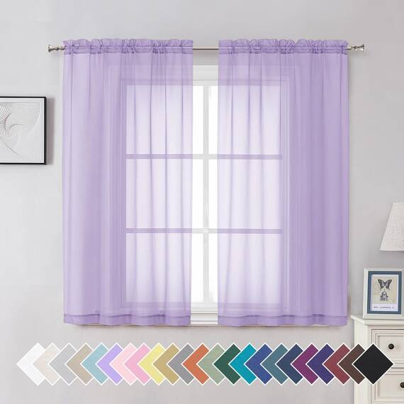 Aiyufeng Hellviolette transparente Vorhänge, 137 cm Länge, lichtfilternde Fenstervorhänge, Vorhänge für Küche, Schlafzimmer/Kinderzimmer, Voile-Oberseite, Doppelstangentasche, 106,7 x 137,2 cm