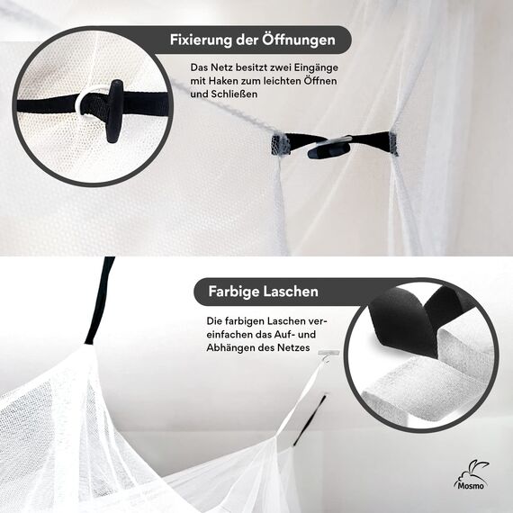 Moskitonetz Doppelbett 210x210x220cm 8 Aufhängepunkte m. Klebehaken - Mückennetz Bett für Einzelbett & Doppelbett mit 2 Öffnungen für leichten Einstieg - Himmelbett Vorhang als Bett Mückenschutz