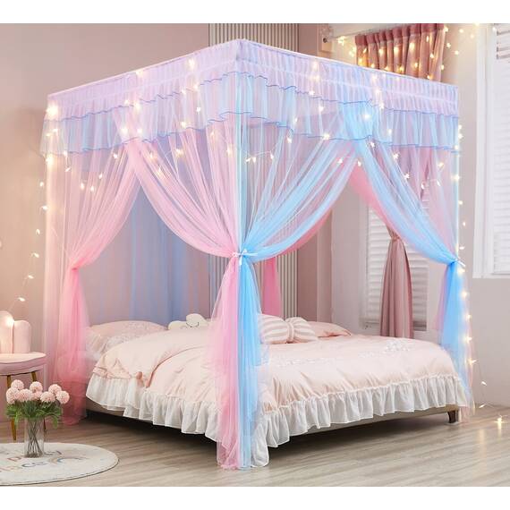Mengersi Regenbogen-Betthimmel mit Lichtern, Bettvorhang, Prinzessinnen-Betthimmel für Mädchen, Netz, Schlafzimmerdekoration, Zubehör, für Twinsize-Bett