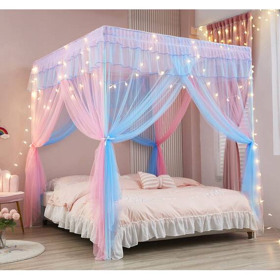 Mengersi Regenbogen-Betthimmel mit Lichtern, Bettvorhang, Prinzessinnen-Betthimmel für Mädchen, Netz, Schlafzimmerdekoration, Zubehör, für Twinsize-Bett