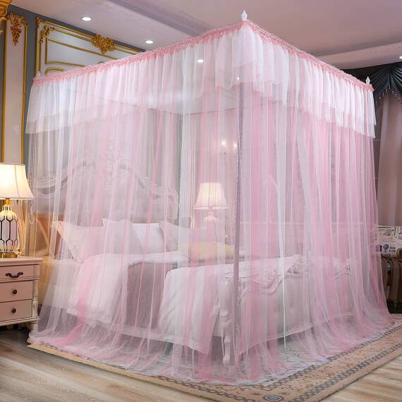 Joyreap Betthimmel mit 4 Ecken, Betthimmel, Bettvorhänge für Erwachsene – Rosa & Weiß Öffnungen Moskitonetz niedliches Prinzessinnen-Stil Schlafzimmer Dekoration Zubehör (218,4 cm B x 198,1 L, King)