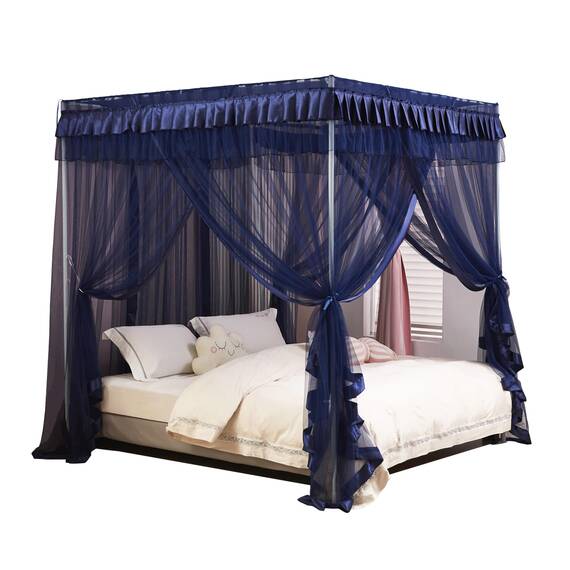 Mengersi Betthimmel, Bettvorhang, luxuriös, gemütlich, Netz, elegant, durchsichtig, Schlafzimmer-Dekoration, Zubehör für Erwachsene, Marineblau, Queensize-Bett