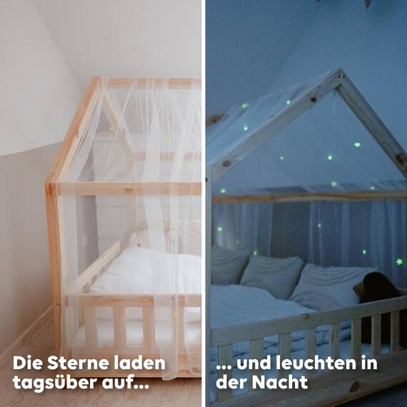 lilimaus Hausbett Himmel mit leuchtenden Sternen - Betthimmel Hausbett Deko - Geschenk Mädchen & Jungen - Himmelbett Vorhänge für 90x200 & 120x200 Kinderbetten - Leuchtsterne Kinderzimmer Deko