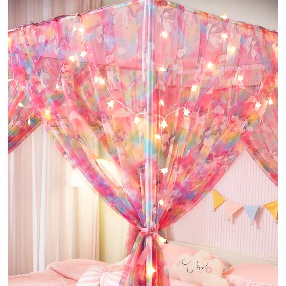 Mengersi Einhorn-Betthimmel für Mädchen, Bettvorhang mit Lichtern, Netz, Prinzessinnen-Himmel für Mädchenzimmer, für Twinsize-Bett, extra groß