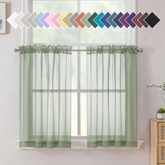 Aiyufeng Durchsichtige Vorhänge, Salbeigrün, 91,4 cm lang, 2 Paneele – Küche und Badezimmer, Café-Vorhänge, Stangentasche, 101,6 x 91,4 cm (B x L)