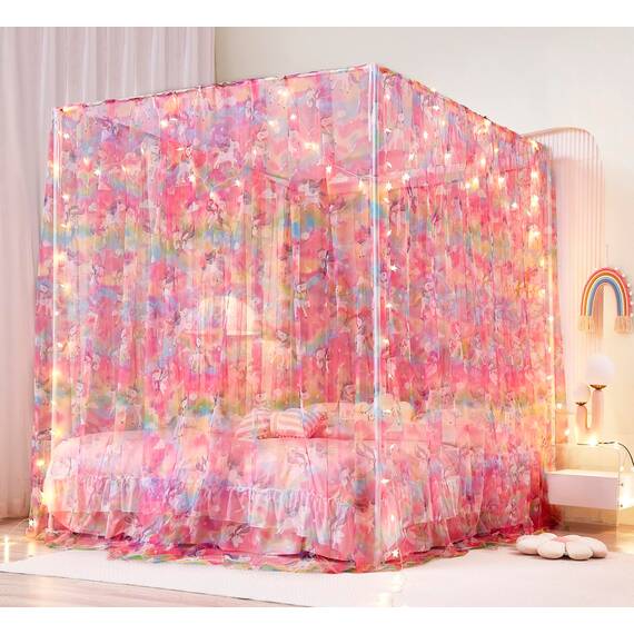 Mengersi Einhorn-Betthimmel für Mädchen, Bettvorhang mit Lichtern, Netz, Prinzessinnen-Himmel für Mädchenzimmer, für Queensize-Bett