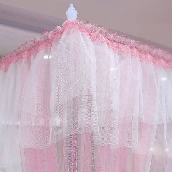 Joyreap Betthimmel mit 4 Ecken, Betthimmel, Bettvorhänge für Erwachsene – Rosa & Weiß Öffnungen Moskitonetz niedliches Prinzessinnen-Stil Schlafzimmer Dekoration Zubehör (218,4 cm B x 198,1 L, King)