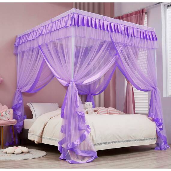 Mengersi Betthimmel, Bettvorhang mit 4 Öffnungen, süße Dekoration für Prinzessinnen-Schlafzimmer, Queensize, lila
