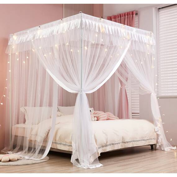 Mengersi Princess 4 Ecken Post Bett Vorhang Baldachin Moskitonetz Prinzessin Baldachin (weiß, voll)