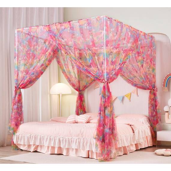Mengersi Einhorn-Betthimmel für Mädchen, Bettvorhang mit Lichtern, Netz, Prinzessinnen-Himmel für Mädchenzimmer, für Twinsize-Bett, extra groß