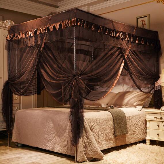 Mengersi Betthimmel für 4 Eckpfosten, für Bett in King-Size-Größe, luxuriöses Moskitonetz, Schlafzimmerdekoration, Kingsize, kaffeebraun