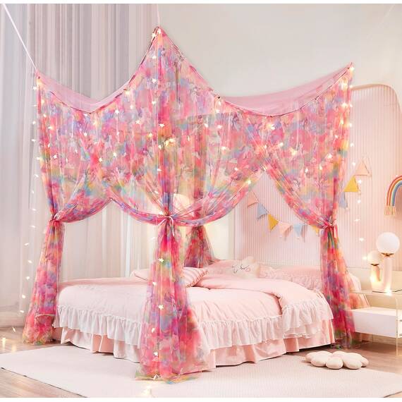 Mengersi Einhorn-Betthimmel für Mädchen, Bettvorhang mit Lichtern, Netz, Prinzessinnen-Himmel für Mädchenzimmer, für Twinsize-Bett