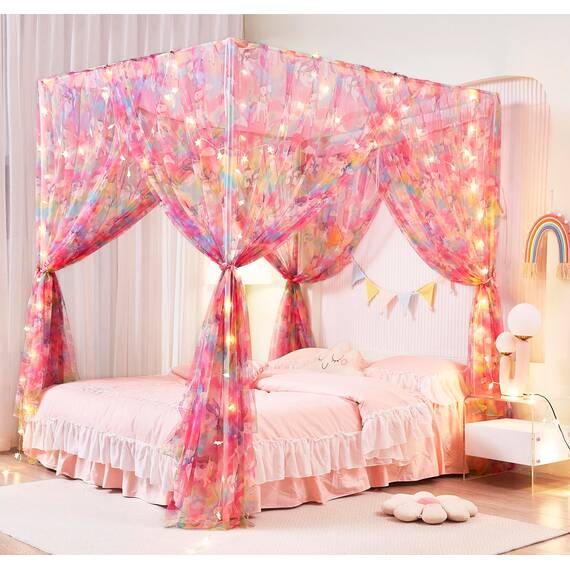 Mengersi Einhorn-Betthimmel für Mädchen, Bettvorhang mit Lichtern, Netz, Prinzessinnen-Himmel für Mädchenzimmer, für Queensize-Bett