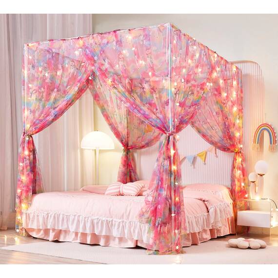 Mengersi Einhorn-Betthimmel für Mädchen, Bettvorhang mit Lichtern, Netz, Prinzessinnen-Himmel für Mädchenzimmer, für Twinsize-Bett