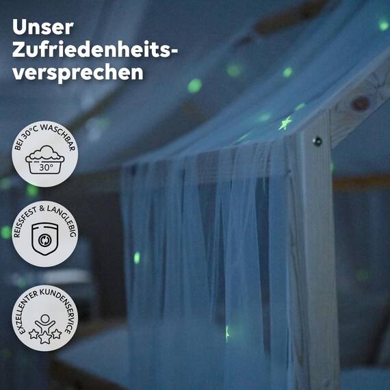 lilimaus Hausbett Himmel mit leuchtenden Sternen - Betthimmel Hausbett Deko - Geschenk Mädchen & Jungen - Himmelbett Vorhänge für 90x200 & 120x200 Kinderbetten - Leuchtsterne Kinderzimmer Deko