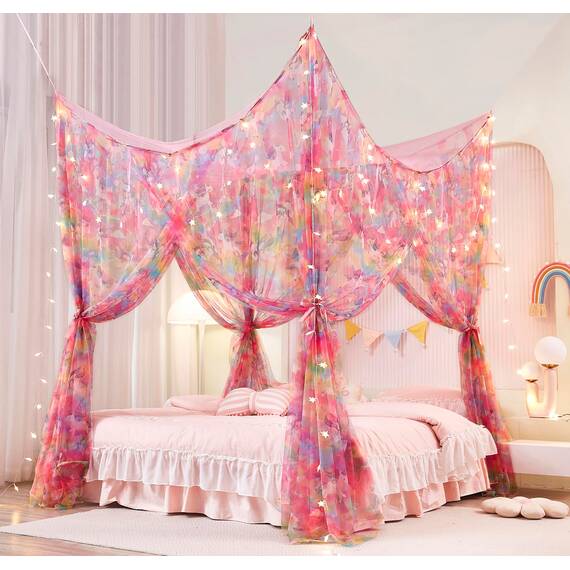 Mengersi Einhorn-Betthimmel für Mädchen, Bettvorhang mit Lichtern, Netz, Prinzessinnen-Himmel für Mädchenzimmer, für Queensize-Bett