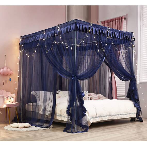Mengersi Betthimmel, Bettvorhang, luxuriös, gemütlich, Netz, elegant, durchsichtig, Schlafzimmer-Dekoration, Zubehör für Erwachsene, Marineblau, Queensize-Bett