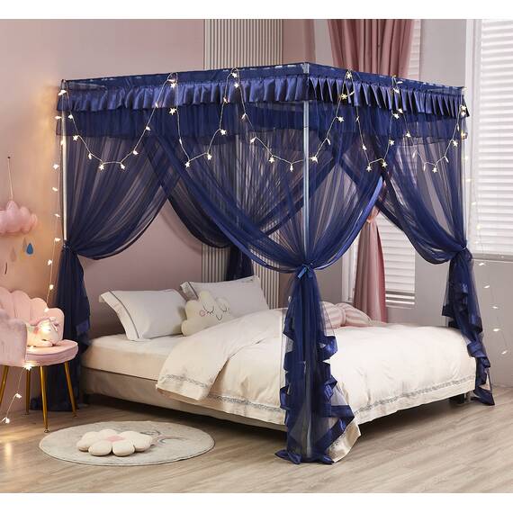 Mengersi Betthimmel, Bettvorhang, luxuriös, gemütlich, Netz, elegant, durchsichtig, Schlafzimmer-Dekoration, Zubehör für Erwachsene, Marineblau, Queensize-Bett