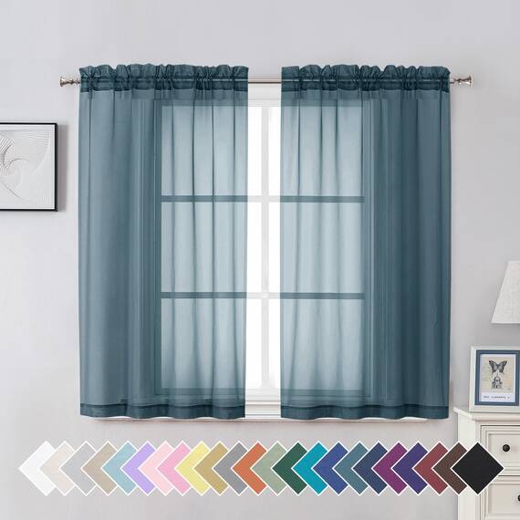Aiyufeng Dusty Blue Sheer Curtains 114.3 cm Long Short Kitchen Window Treatment Solid Sheers Cafe Curtains Bathroom Voile Half Window Curtains 2 Panels, Rod Pocket, 106.7 cm Wx45 L
