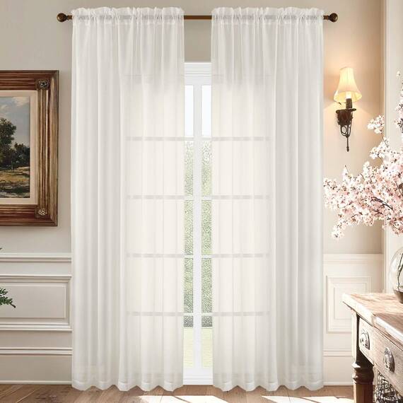 Aiyufeng Elfenbeinfarbene transparente Vorhänge, 228,6 cm lang, lichtfilternde Stangentasche, einfarbig, Fenstervorhang, elegante Vorhänge und Vorhänge für Wohnzimmer, Schlafzimmer, 2 Paneele