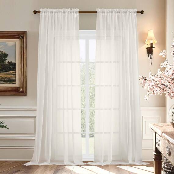 Aiyufeng Durchsichtige Voile-Vorhänge, transparent, leicht, weich, Fensterbehandlungsvorhang mit Stangentasche, für Terrassentür/Wohnzimmer (B 59 x L 96 cm, 2 Stoffbahnen), Elfenbeinfarben