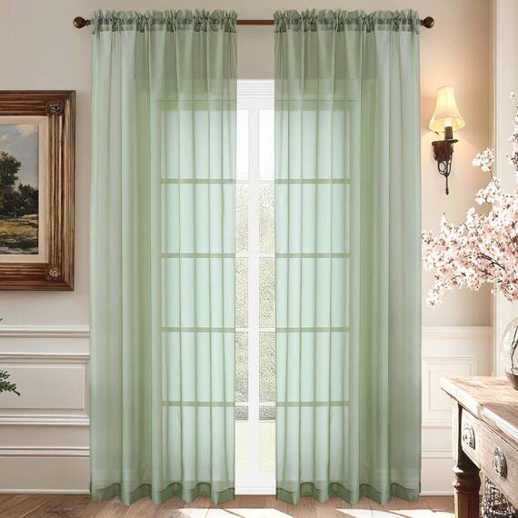 Aiyufeng Durchsichtige Vorhänge, Salbeigrün, 228,6 cm lang, lichtfilternde Stangentasche, einfarbig, Fenstervorhang, elegante Vorhänge und Vorhänge für Wohnzimmer, Schlafzimmer, 2 Paneele (Salbeigrün