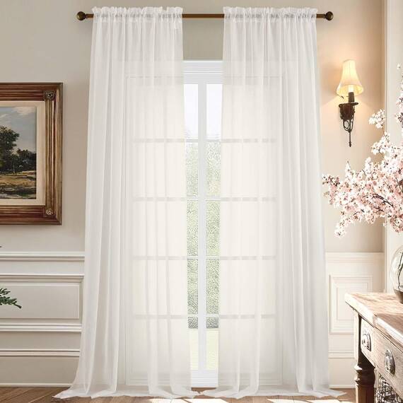 Aiyufeng Transparente Fenstervorhänge für Bauernhaus, 274 cm, Voile, vertikale Paneele für Arbeitszimmer/Schlafzimmer/Wohnzimmer, elfenbeinfarben, B 140 x L 274 cm, 2 Paneele