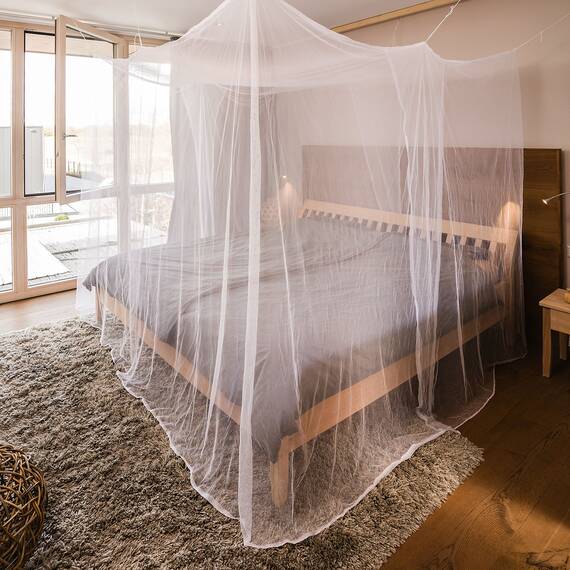 Moskitonetz Reise für Doppelbett 220x200 weiß mit Vier Öffnungen – Mückennetz Bett Kastenform