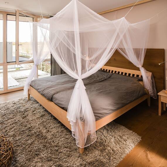 Moskitonetz Reise für Doppelbett 220x200 weiß mit Vier Öffnungen – Mückennetz Bett Kastenform