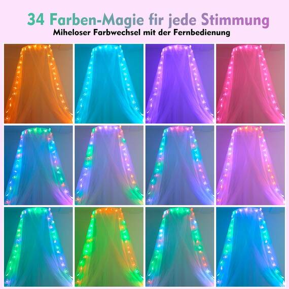 Weiß Betthimmel Mädchen mit Schmetterlingen Licht, 34 Farben Himmelbett Vorhänge Farbe wechselnde LED Licht Prinzessin Baldachin Remote Timer für Kinderzimmer Zelt Twin Full Queen King Size Bett
