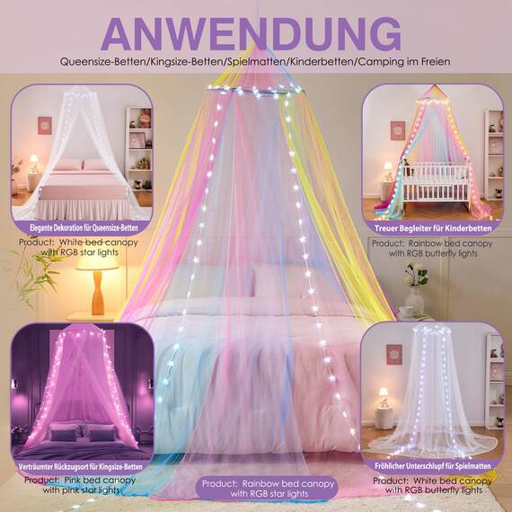 Weiß Betthimmel Mädchen mit Schmetterlingen Licht, 34 Farben Himmelbett Vorhänge Farbe wechselnde LED Licht Prinzessin Baldachin Remote Timer für Kinderzimmer Zelt Twin Full Queen King Size Bett