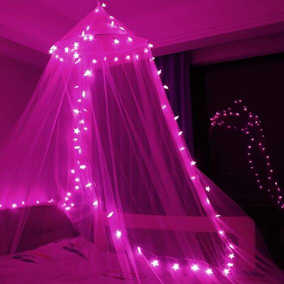 HEYCOLOR Rosa Betthimmel für Mädchen, Bettvorhang mit 50 LED Lichterketten, 24 Farben Sternlichter, Kuppel vorhänge für Mädchen Prinzessin Frauen Schlafzimmer, 1 Eingang für Einzel- bis doppelbett