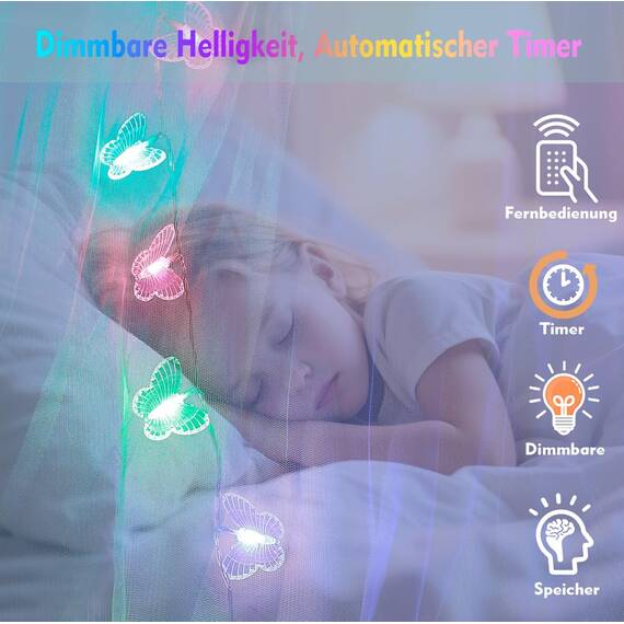 Weiß Betthimmel Mädchen mit Schmetterlingen Licht, 34 Farben Himmelbett Vorhänge Farbe wechselnde LED Licht Prinzessin Baldachin Remote Timer für Kinderzimmer Zelt Twin Full Queen King Size Bett