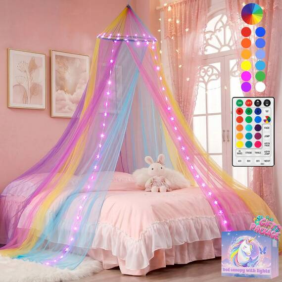 HEYCOLOR Regenbogen Betthimmel Mädchen mit Lichtern, 24 Farben Himmelbett Vorhänge LED-Stern Fee Lichter Prinzessin Baldachin Remote Timer für Kinderzimmer Zelt Twin Full Queen King Size Bett