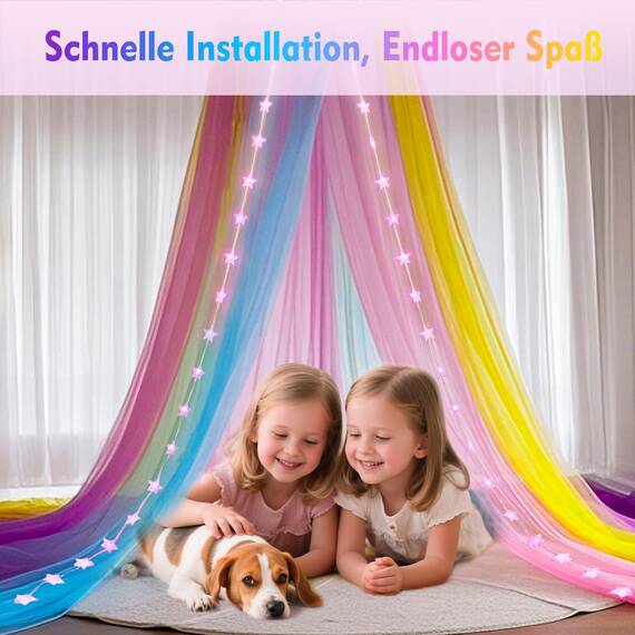 HEYCOLOR Regenbogen Betthimmel Mädchen mit Lichtern, 24 Farben Himmelbett Vorhänge LED-Stern Fee Lichter Prinzessin Baldachin Remote Timer für Kinderzimmer Zelt Twin Full Queen King Size Bett