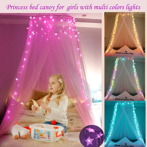 HEYCOLOR Rosa Betthimmel für Mädchen, Bettvorhang mit 50 LED Lichterketten, 24 Farben Sternlichter, Kuppel vorhänge für Mädchen Prinzessin Frauen Schlafzimmer, 1 Eingang für Einzel- bis doppelbett
