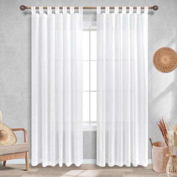 KOUFALL Weiße Leinen-Vorhänge, 213 cm lang, 2 Stoffbahnen, durchscheinend, halblichtfilternd, Schlaufen, Baumwolle, Boho, Landhausstil, Rüschenvorhänge für Schlafzimmer, Wohnzimmer