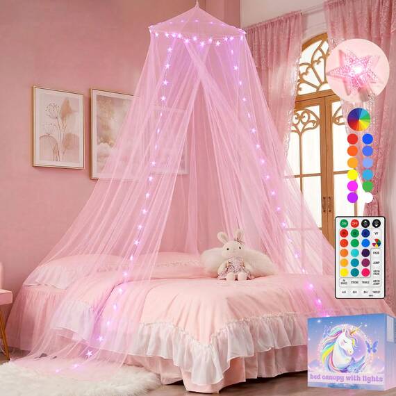 HEYCOLOR Rosa Betthimmel für Mädchen, Bettvorhang mit 50 LED Lichterketten, 24 Farben Sternlichter, Kuppel vorhänge für Mädchen Prinzessin Frauen Schlafzimmer, 1 Eingang für Einzel- bis doppelbett