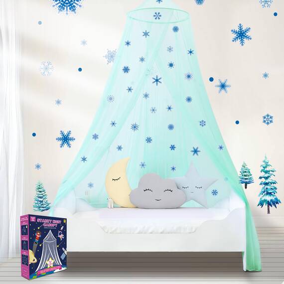 South To East Betthimmel für Mädchen mit leuchtendem Schnee im Dunkeln, Cyan-Prinzessinnen-Bettvorhänge für Babybett, Kinderbett und Kleinkindbett, Doppelbett, Voll- und Queensize-Bett
