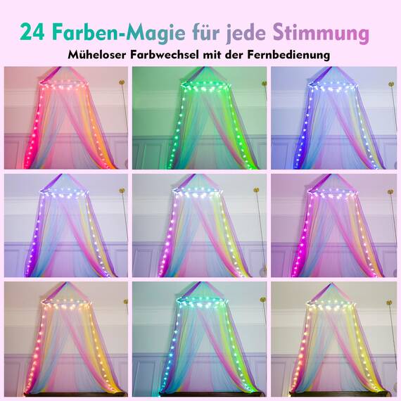 HEYCOLOR Regenbogen Betthimmel Mädchen mit Lichtern, 24 Farben Himmelbett Vorhänge LED-Stern Fee Lichter Prinzessin Baldachin Remote Timer für Kinderzimmer Zelt Twin Full Queen King Size Bett